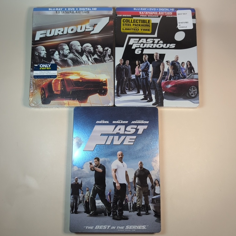 Fast Five, Fast & Furious 6, Furious 7 - 3 Steelbooks Lot 2 Sealed Exclusive